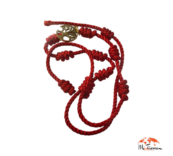 Pulsera roja 7 nudos con árbol de la vida dorado